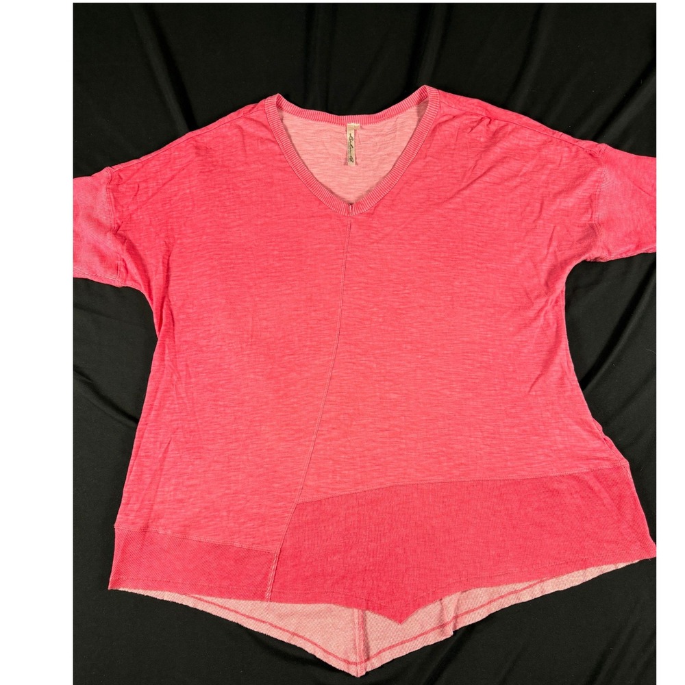 Lulu-B Pink Slub Knit V-Neck Sharkbite Hem Tunic Top Womens XL Short Sleeve
